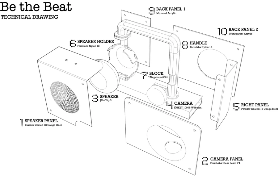 Technical drawing of the Be the Beat boombox
