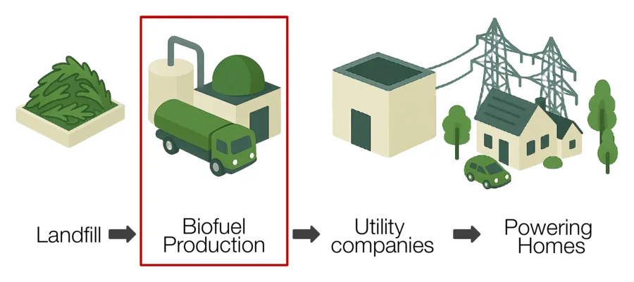 How BioBoost fits in: landfill, then biofuel production (highlighted), then utility companies, then powering homes