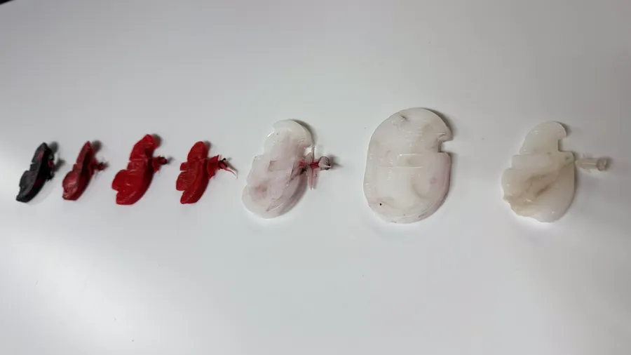 A row of molded test pieces: four in black and red HDPE, three in white PP